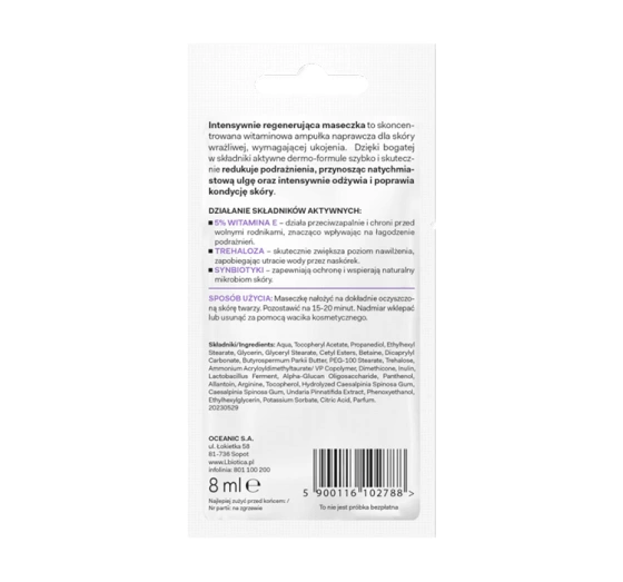 L'Biotica Dermomask intensywnie regenerująca maseczka do twarzy z witaminą E 8 ml