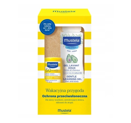 Mustela Wakacyjna Przygoda zestaw sztyft przeciwsłoneczny SPF50 9 ml żel do mycia ciała i głowy 100 ml