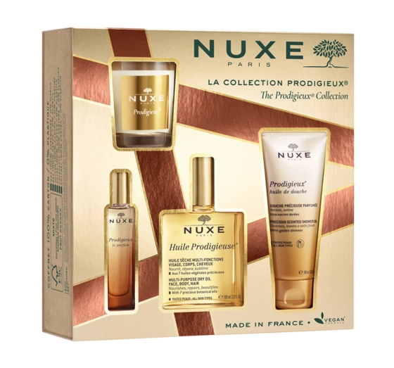 Nuxe The Prodigieux Collection zestaw prezentowy olejek 100 ml olejek pod prysznic 100 ml perfumy 15 ml świeca 70 g