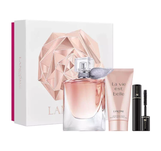 Lancôme La Vie Est Belle woda perfumowana spray 50 ml balsam do ciała 50 ml tusz do rzęs Hypnôse Volume Sur Mesure 01 Noir 2 ml
