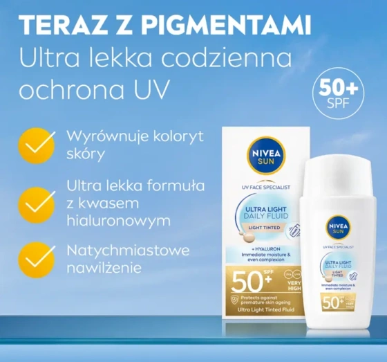 NIVEA SUN Ultra Light Daily Fluid krem do twarzy przeciwsłoneczny z pigmentem SPF50 Light Tinted 40 ml