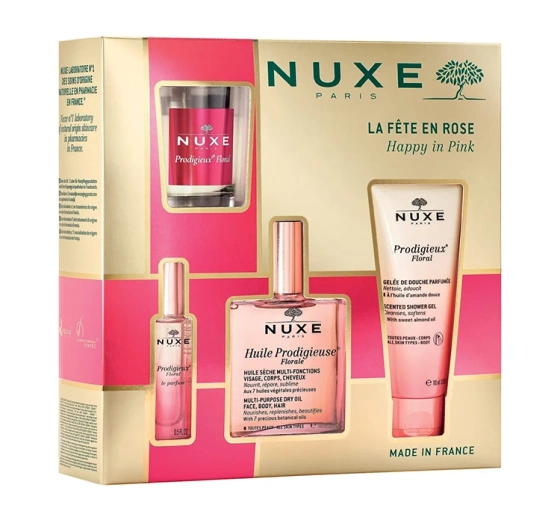 Nuxe Happy In Pink zestaw kosmetyków do pielęgnacji ciała żel 100 ml olejek 50 ml perfumy 15 ml świeczka 70 g