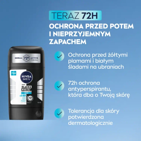NIVEA MEN Black&White Invisible Fresh antyperspirant w sztyfcie dla mężczyzn 50 ml