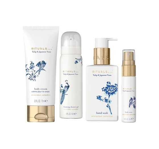 Rituals Amsterdam Collection Tulip & Japanese Yuzu zestaw mini kosmetyków pianka do mycia ciała krem do ciała krem do rąk mgiełka zapachowa kosmetyczka