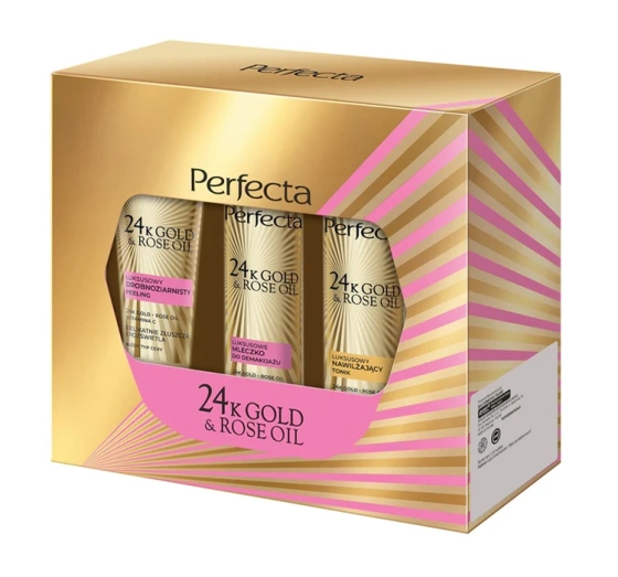 Perfecta 24k Gold & Rose Oil zestaw kosmetyków peeling mleczko do demakijażu tonik