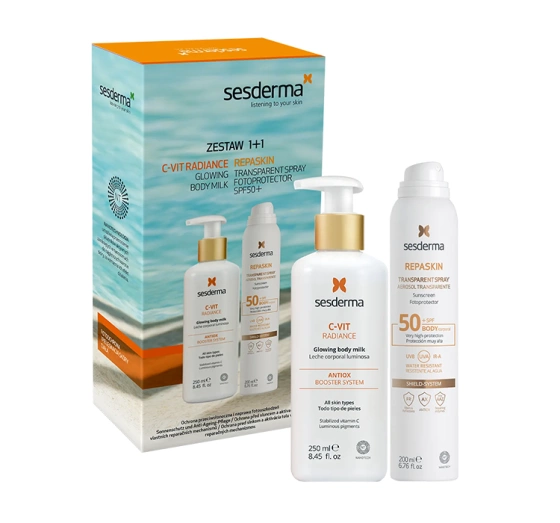 Sesderma zestaw kosmetyków spray ochronny SPF50 Repaskin 200 ml mleczko do ciała C-Vit Radiance 250 ml