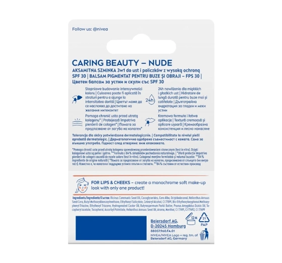 NIVEA Caring Beauty pielęgnująca pomadka do ust i policzków 3w1 Nude 4,8 g