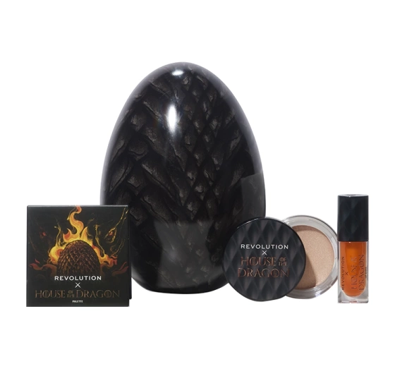 Makeup Revolution x House Of The Dragon zestaw kosmetyków paleta cieni błyszczyk rozświetlacz