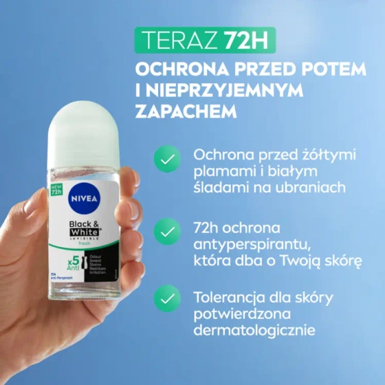 NIVEA Black&White Invisible Fresh antyperspirant roll-on dla kobiet 50 ml