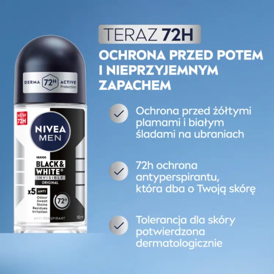 NIVEA MEN Black&White Invisible antyperspirant roll-on dla mężczyzn 50 ml
