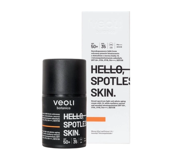Veoli Botanica Hello, Spotless Skin szerokopasmowy lekki krem ochronny SPF50 z 1% ekstraktem z morwy białej i tetraizopalmitynianem askorbylu 50 ml