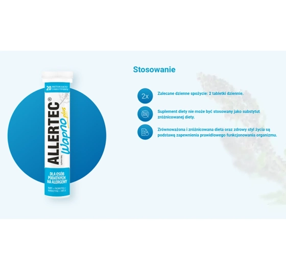 Allertec Wapno Plus suplement diety tabletki musujące o smaku cytrynowym na alergie 20 tabletek