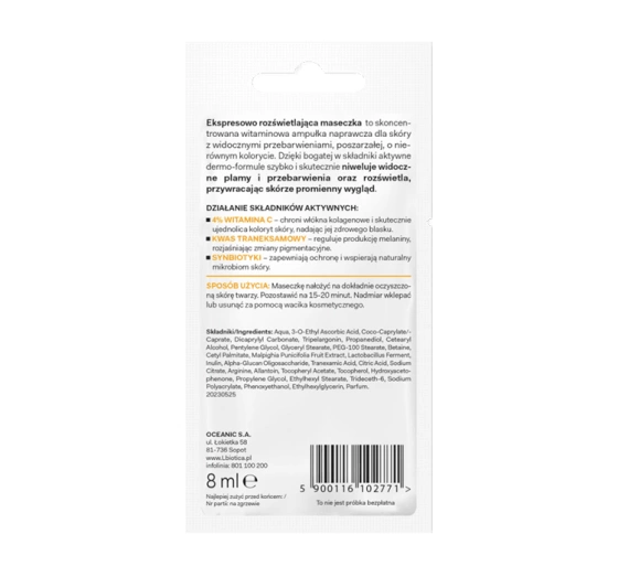 L'Biotica Dermomask ekspresowo rozświetlająca maseczka do twarzy z witaminą C 8 ml