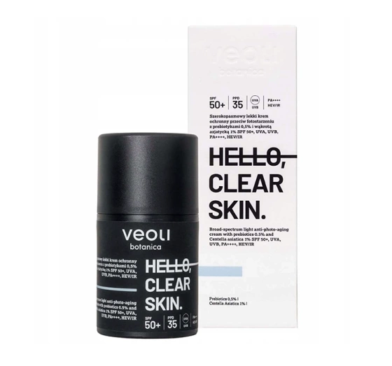 Veoli Botanica Hello, Clear Skin szerokopasmowy lekki krem ochronny SPF50 z 0,5% prebiotykami i 1% CICA 50 ml
