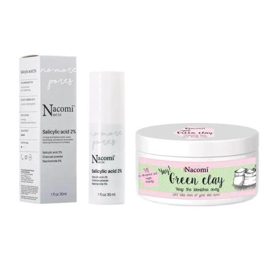 Nacomi Next Level zestaw do pielęgnacji serum No More Pores Kwas Salicylowy 2% zielona glinka oczyszczająca