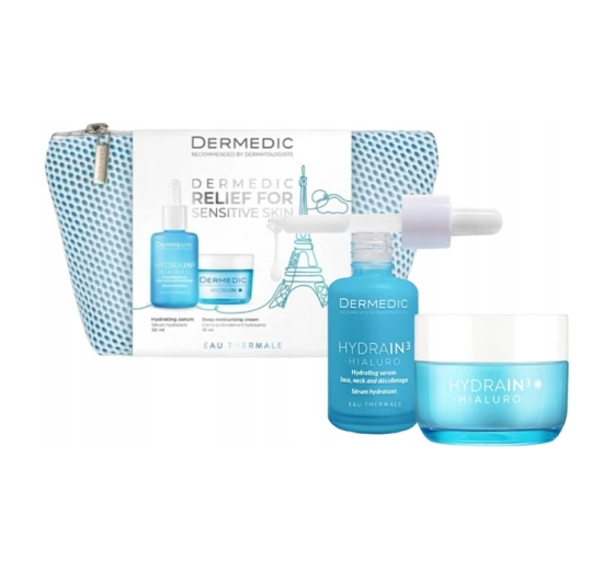 Dermedic Hydrain 3 Hialuro zestaw kosmetyków do twarzy serum 30 ml krem 15 ml kosmetyczka