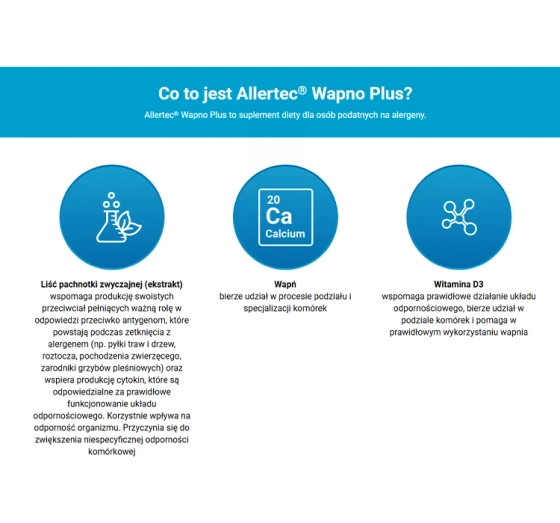 Allertec Wapno Plus suplement diety tabletki musujące o smaku cytrynowym na alergie 20 tabletek