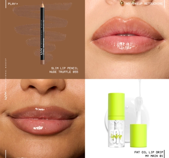 NYX Professional Makeup zestaw do makijażu ust konturówka 855 Nude Truffle 1 g błyszczyk Fat Oil 01 My Main 4,8 ml