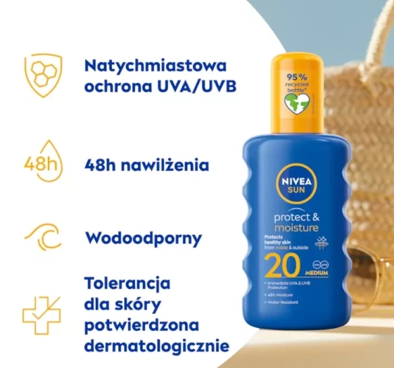 NIVEA SUN Protect&Moisture przeciwsłoneczny balsam ochronny w sprayu SPF20 200 ml