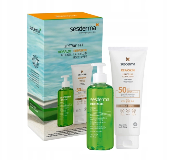 Sesderma zestaw kosmetyków balsam do opalania SPF50 Repaskin 200 ml żel aloesowy Hidraloe 250 ml