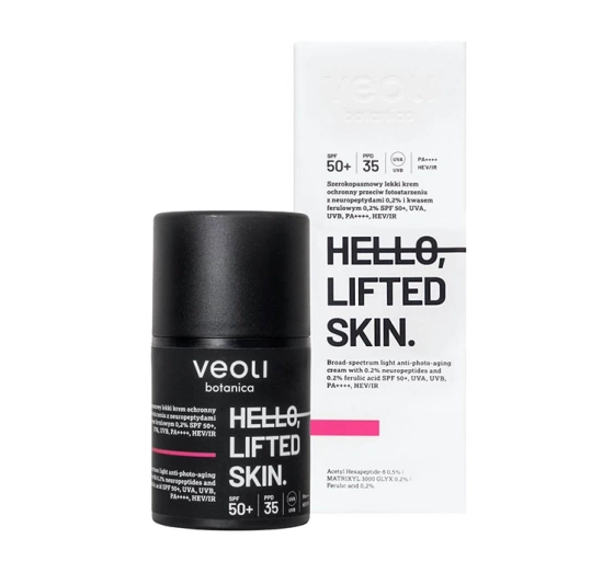 Veoli Botanica Hello, Lifted Skin szerokopasmowy lekki krem ochronny SPF50 z 0,2% neuropeptydami i 0,2% kwasem ferulowym 50 ml