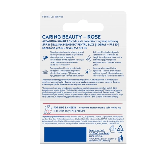 NIVEA Caring Beauty pielęgnująca pomadka do ust i policzków 3w1 Rose 4,8 g
