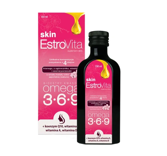 EstroVita Skin Omega 3-6-9 suplement diety dla kobiet o smaku kwiatu wiśni sakura 150 ml