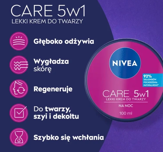 NIVEA Care 5w1 lekki krem do twarzy na noc 100 ml