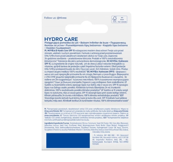 NIVEA pielęgnująca pomadka do ust SPF15 Hydro Care 4,8 g