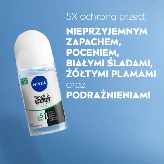 NIVEA Black&White Invisible Fresh antyperspirant roll-on dla kobiet 50 ml