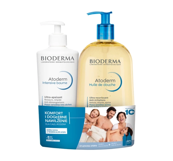 Bioderma Atoderm zestaw olejek do kąpieli i pod prysznic 1000 ml balsam do ciała 500 ml