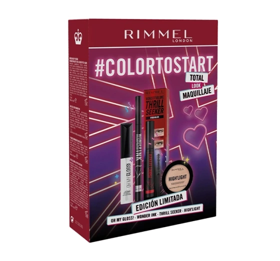 Rimmel #Colortostart zestaw kosmetyków do makijażu tusz do rzęs eyeliner błyszczyk puder