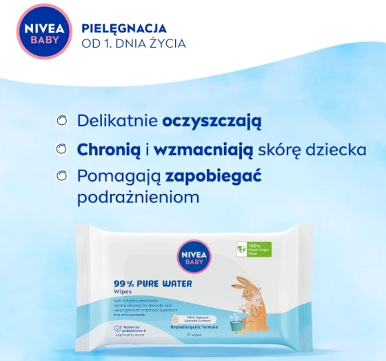NIVEA BABY 99% Pure Water chusteczki nawilżane biodegradowalne 57 sztuk