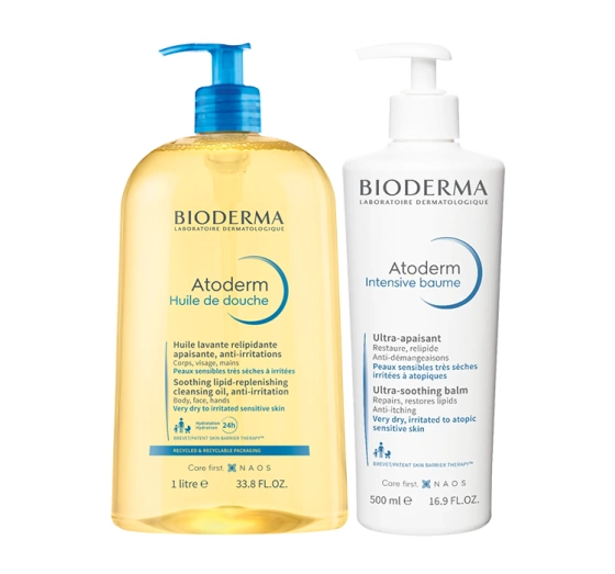 Bioderma Atoderm zestaw olejek do kąpieli i pod prysznic 1000 ml balsam do ciała 500 ml