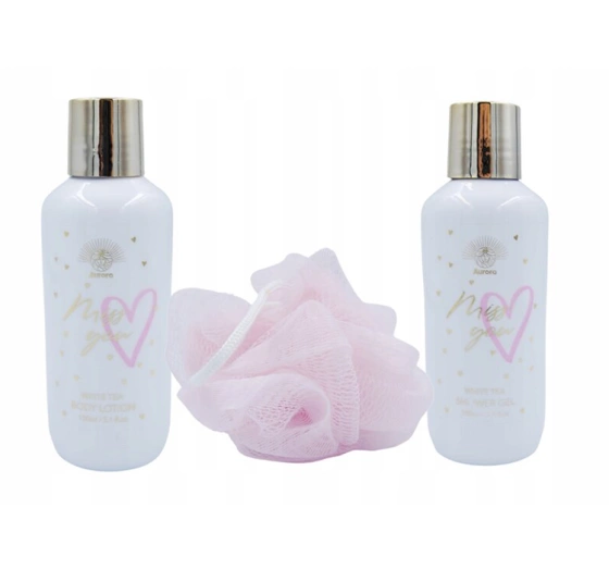 Aurora Xoxo White Tea zestaw prezentowy żel pod prysznic 150 ml balsam 150 ml gąbka pod prysznic
