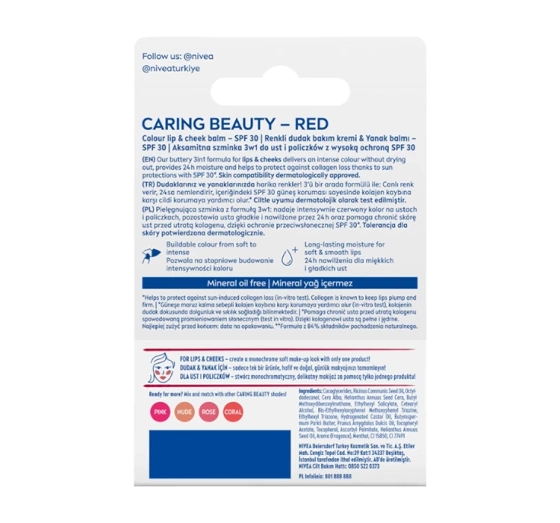 NIVEA Caring Beauty pielęgnująca pomadka do ust i policzków 3w1 Red 4,8 g