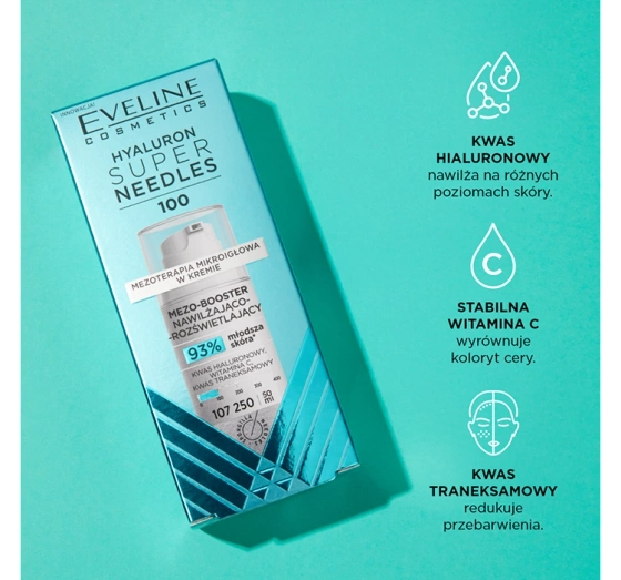 Eveline Cosmetics Super Needles Hyaluron 100 mezo-booster nawilżający krem rozświetlający 50 ml