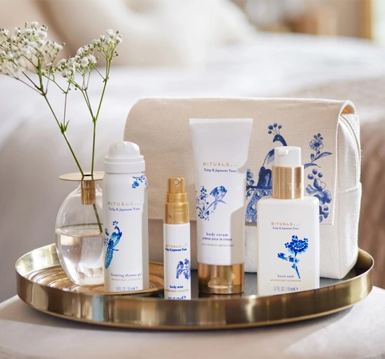 Rituals Amsterdam Collection Tulip & Japanese Yuzu zestaw mini kosmetyków pianka do mycia ciała krem do ciała krem do rąk mgiełka zapachowa kosmetyczka