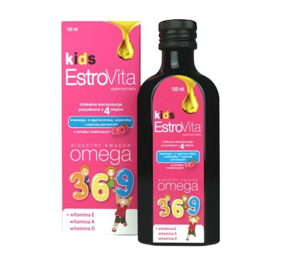 EstroVita Kids Omega 3-6-9 suplement diety o smaku malinowym 150 ml