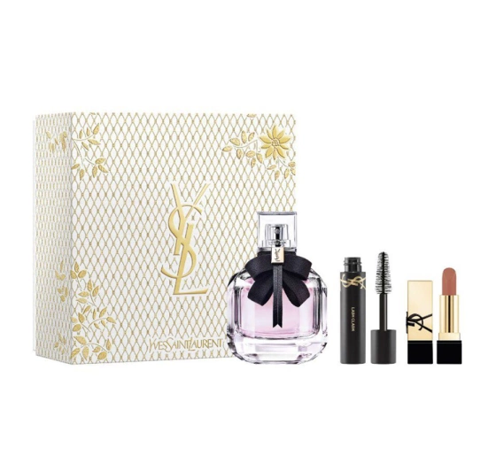 Yves Saint Laurent woda perfumowana Mon Paris 50 ml tusz do rzęs Lash Clash 2 ml pomadka do ust Rouge Pur Couture Nu Muse 1,3 g
