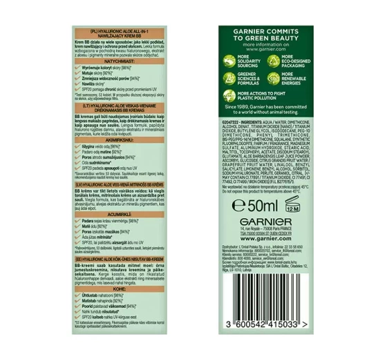 Garnier Hyaluronic Aloe All-in-1 nawilżający krem BB skóra mieszana i tłusta Medium 50 ml