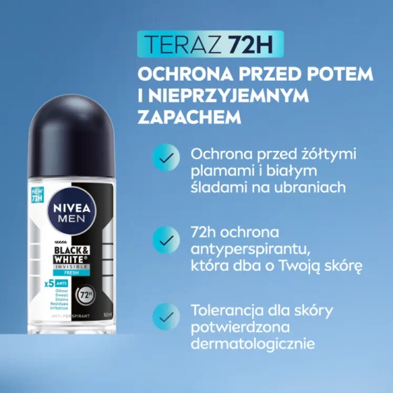 NIVEA MEN Black&White Invisible Fresh antyperspirant roll-on dla mężczyzn 50 ml