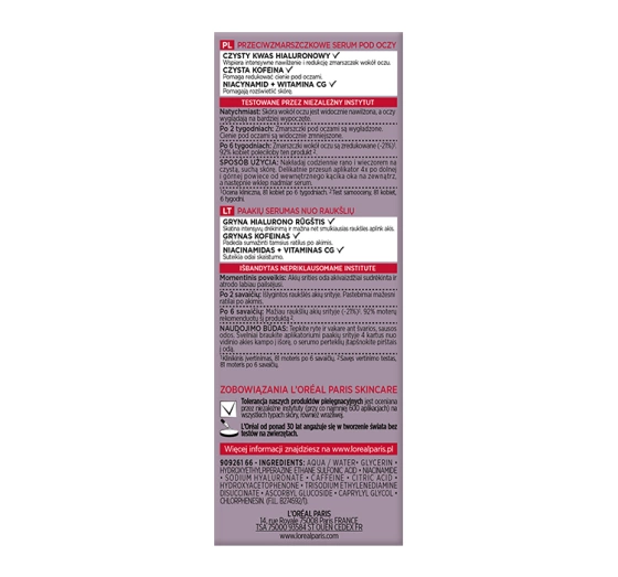L'Oréal Paris Revitalift Filler serum pod oczy przeciwzmarszczkowe z kwasem hialuronowym 20 ml