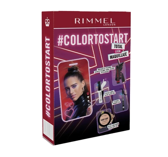 Rimmel #Colortostart zestaw kosmetyków do makijażu tusz do rzęs eyeliner błyszczyk puder